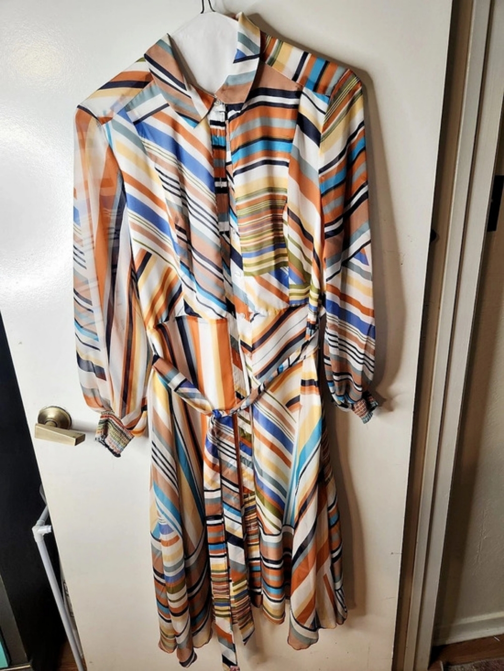 New York & Company Geometric Midi Dress in Orange & Blue